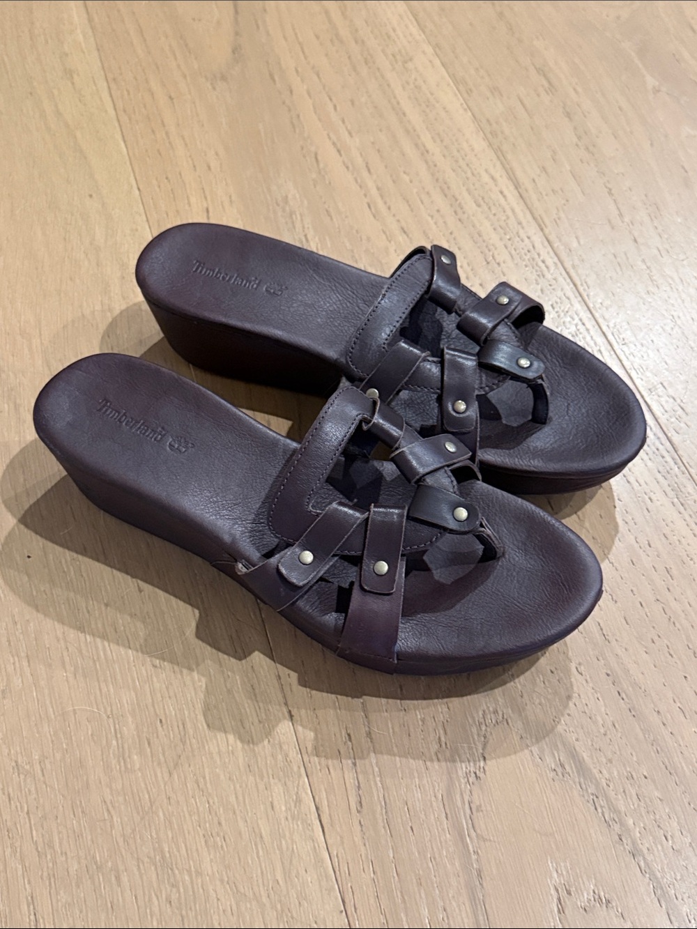 Timberland Dark Brown Leather Wedge Slide Sandals